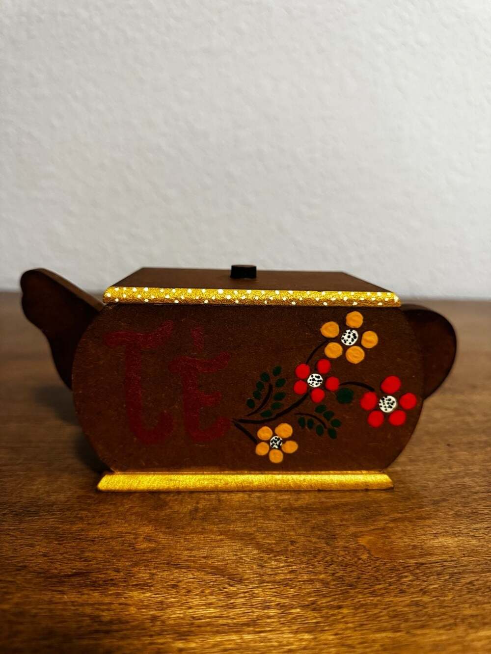 Fundación Muchachos Solidarios Wooden Teapot Tea Box Floral Folk Art